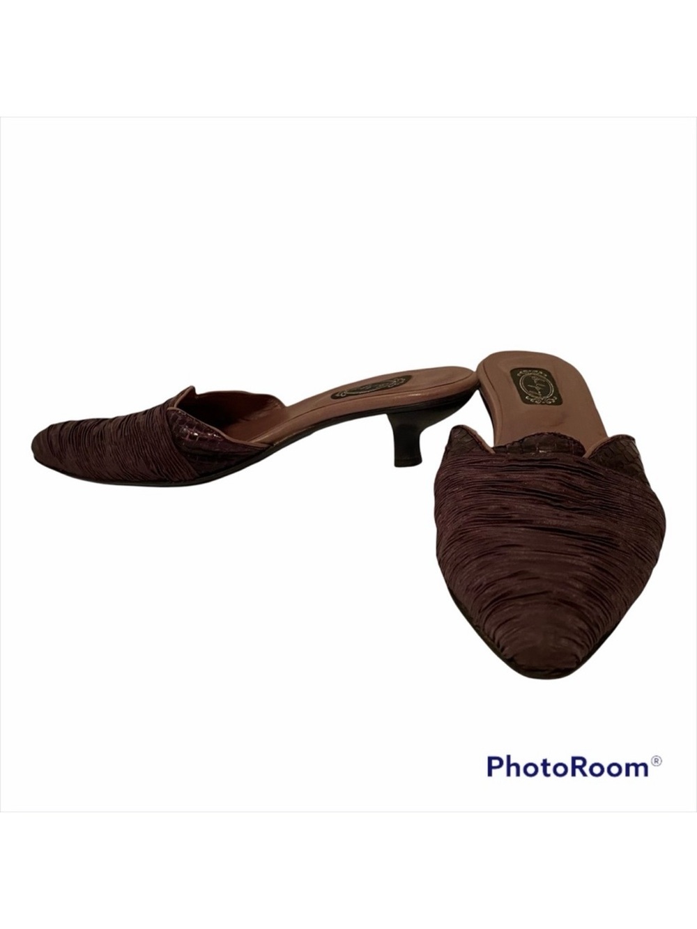 SALPY SHOES MULES HEELS PURPLE FABRIC AND LEATHER USA HANDMADE Size 7.5